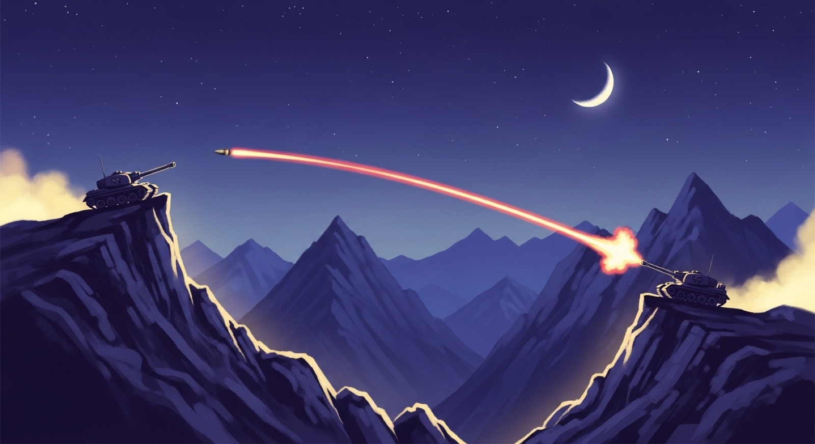 Two tanks dueling at twilight across a moonlit mountain range.