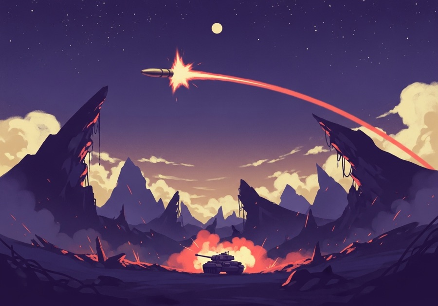 A moonlit battlefield with crumbling mountain silhouettes and a single shell arcing across a starry sky.