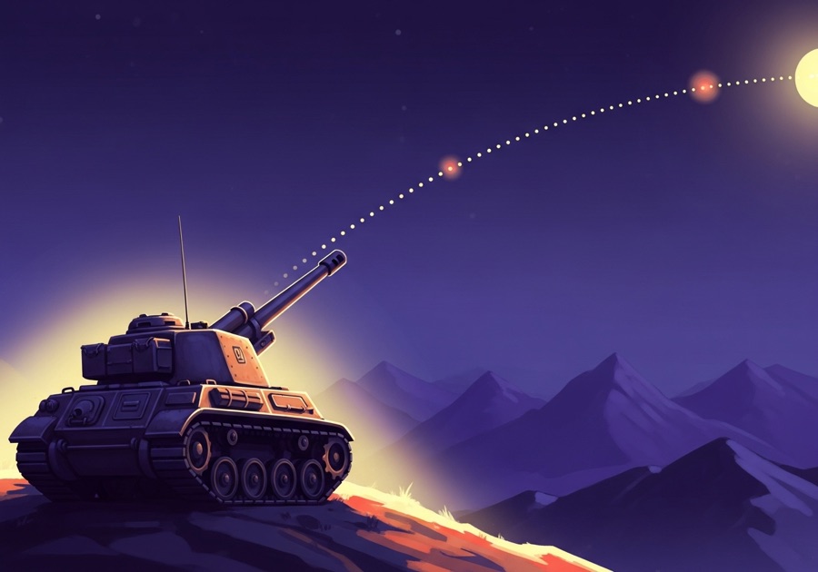 A close view of a tank lining up a shot with the barrel raised, painterly style.